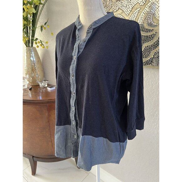 Gap Womens Button-Up Two-Tone Navy & Chambray Shirt With 3/4 Sleeves Size L - Picture 2 of 5